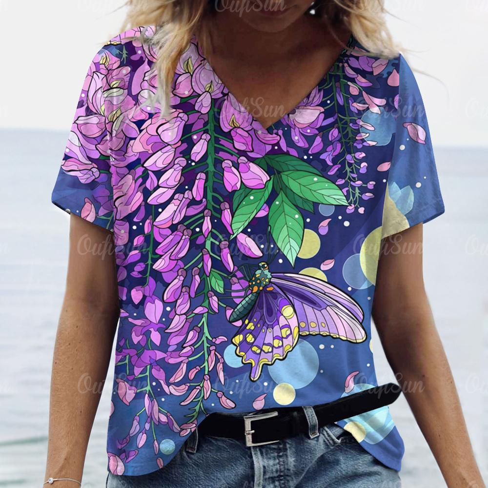 2024 Damen T-Shirt Sommer Schmetterling T-Shirt Übergröße Damenbekleidung Oversized Designer Kurzarmshirt Damen V-Ausschnitt Bluse