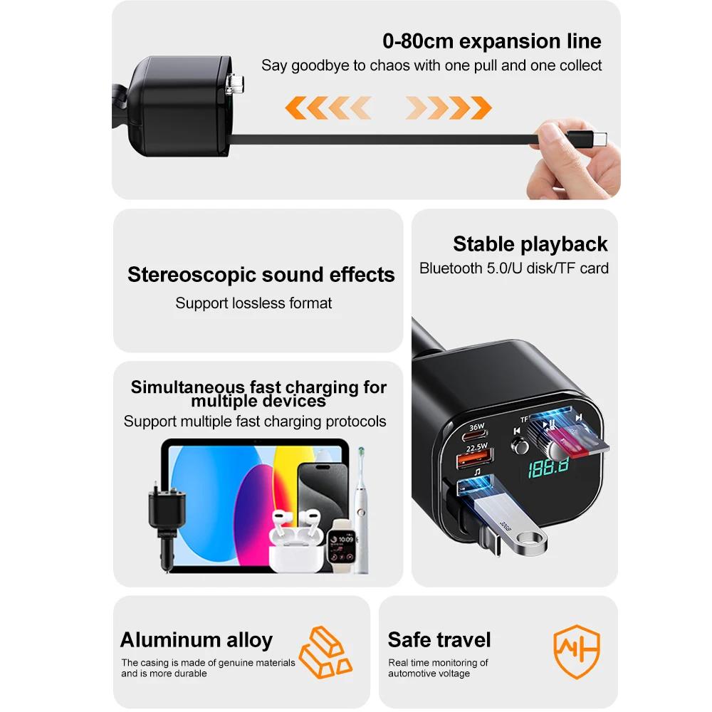 3 IN 1 Dual USB PD QC3.0 Retractable Car Charger Bluetooth 5.0 Handsfree Call Wireless Car Kit FM Transmitter MP3 Music Player