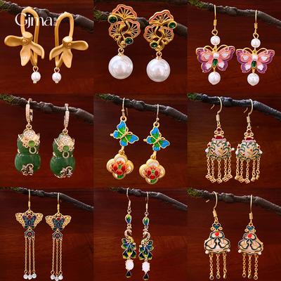 New Chinese Style Oil Drop Butterfly Flower Gourd Pearl Fringed Earrings Retro Ear Hook Light Luxury National Style Earrings Women