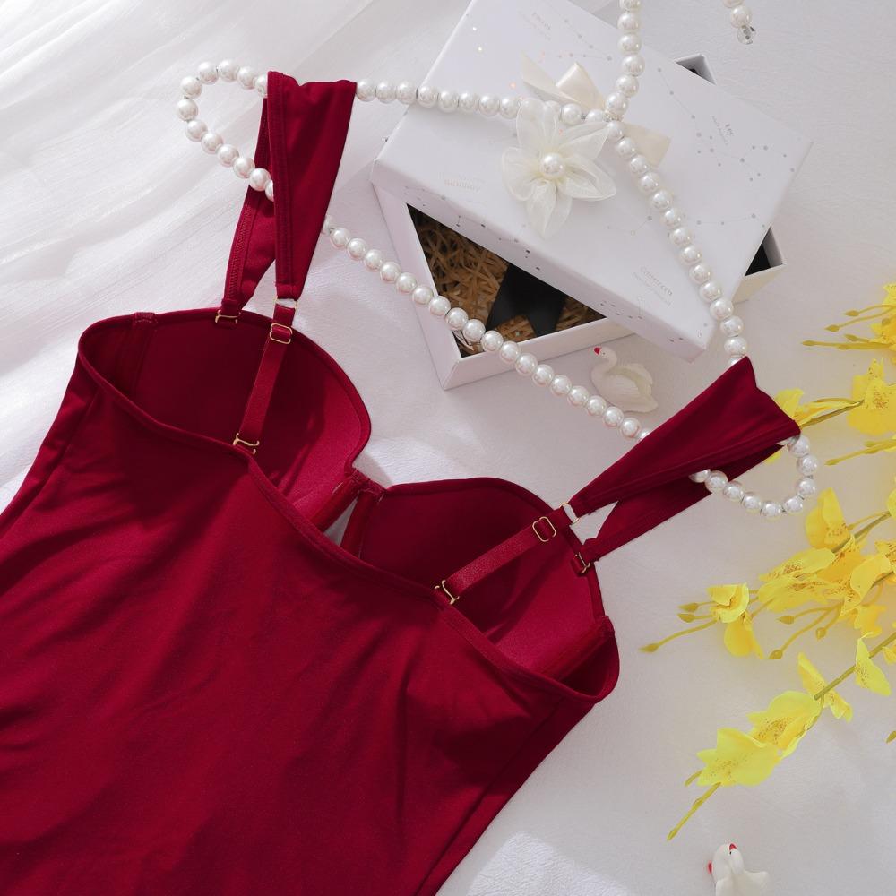 3pcs Women's Lingerie Set Sexy Push Up Bra French Mesh Breathable Sling Tops Burgundy Underwear Bras and Thong with Leg Straps