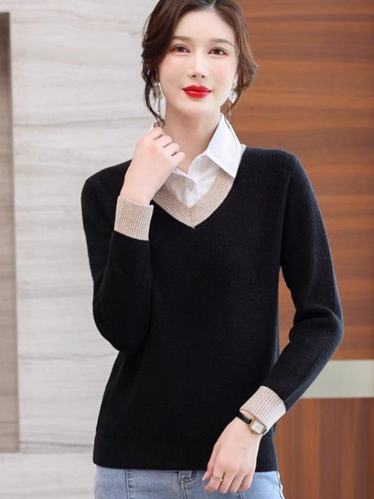 Elegant French-Inspired Faux Twinset Knit Sweater for Women - Chic Long Sleeve Pullover with Collar, Perfect for Fall/Spring