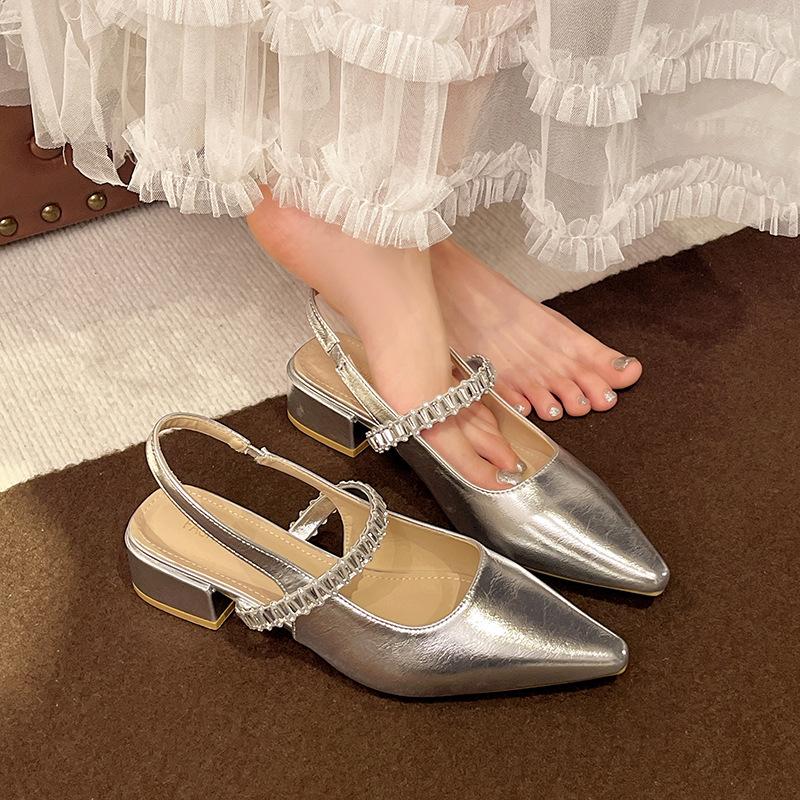Baotou Rhinestone Word with Sandals Women's Thick Low Heel New Pointed Empty Single Shoes Mary Jane Sandals