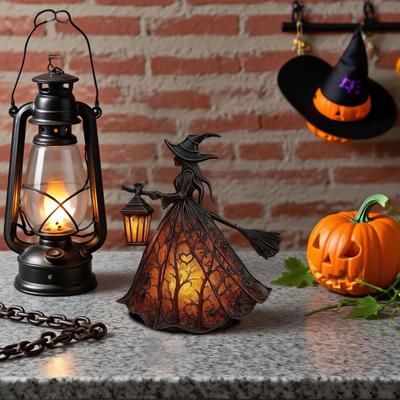 Halloween Witch Decor Table Centerpiece Sign Halloween Witch Lamp Resin Craft Ornaments UV Resistant Home Decoration for Porch
