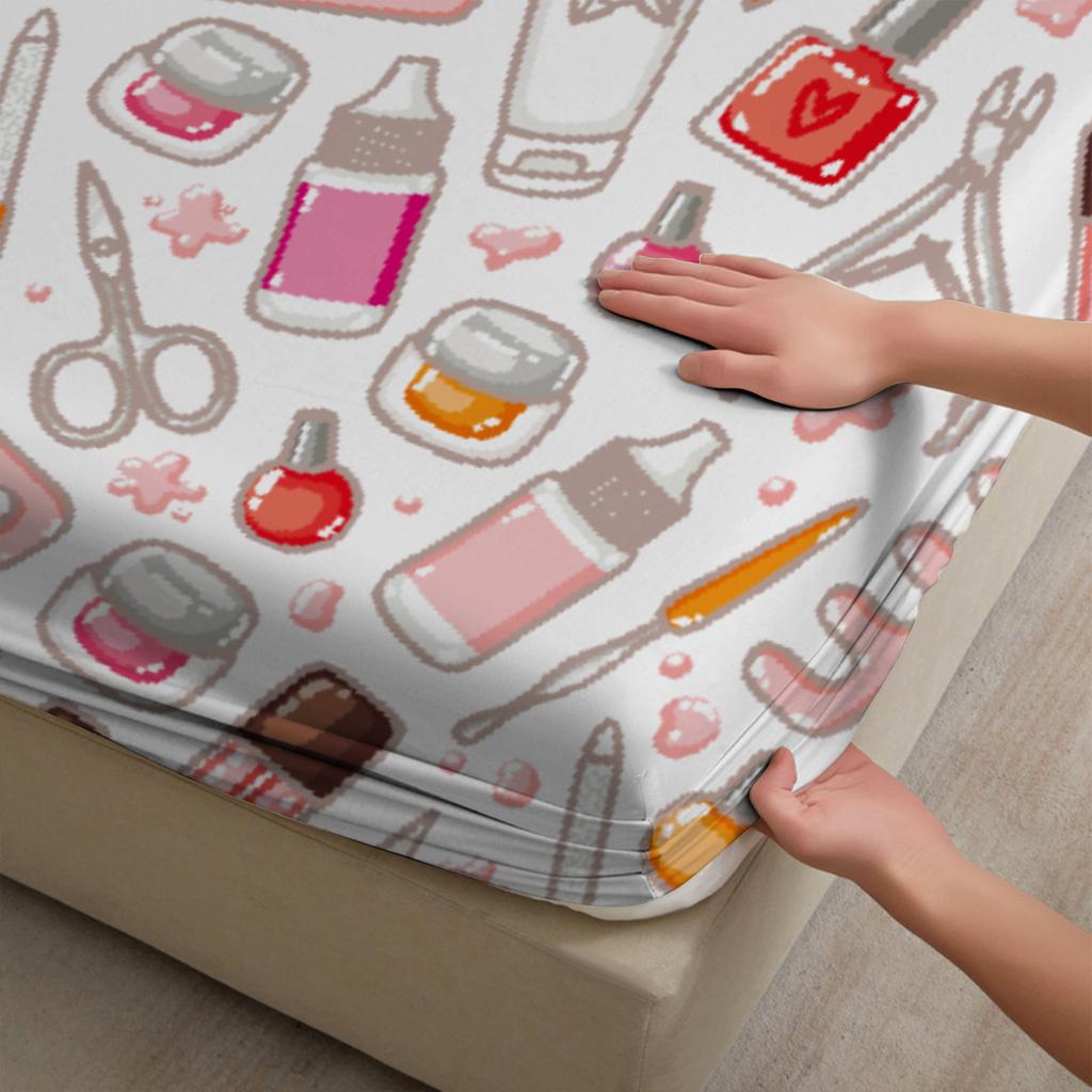 3pcs White Fitted Sheet Sets 100% Polyester For Girls Decor Nail Polish Tools And Hearts Printed Flat Sheet With 2Pillowcases