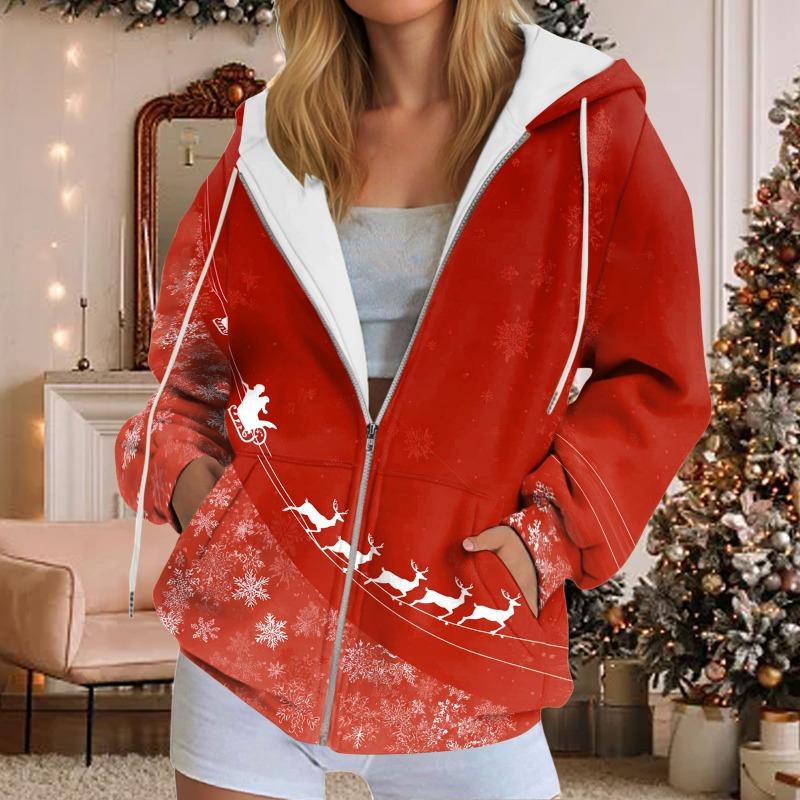 Autumn Winter Hooded Hoodies Women Casual Streetwear Zip Up Sweatshirts Long Sleeve Christmas Harajuku Graphic Hoodies Coats