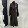 Large Collar Mid Length Leather Jacket For Women, Waist Cinched Over Knee Trench Coat