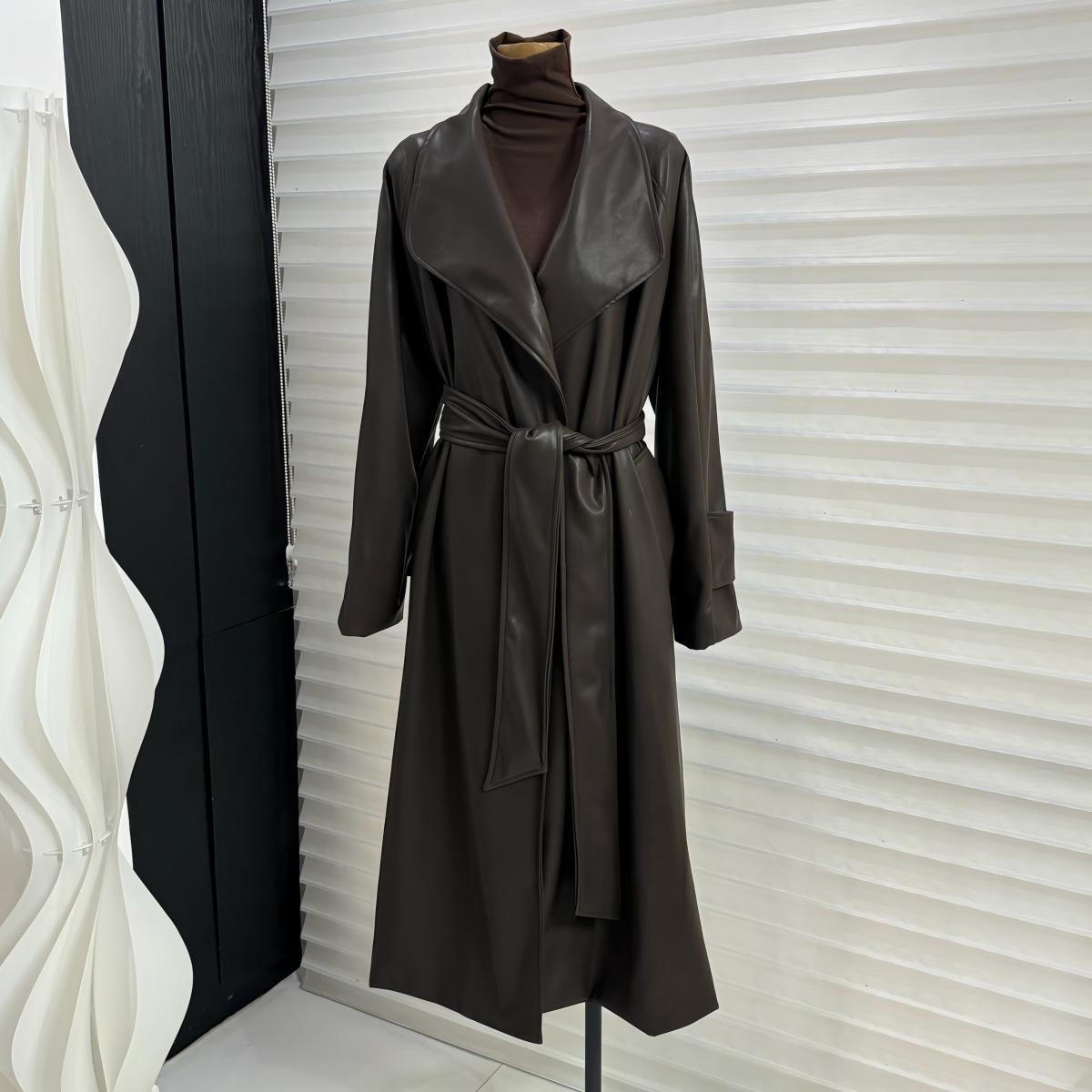 Large Collar Mid Length Leather Jacket