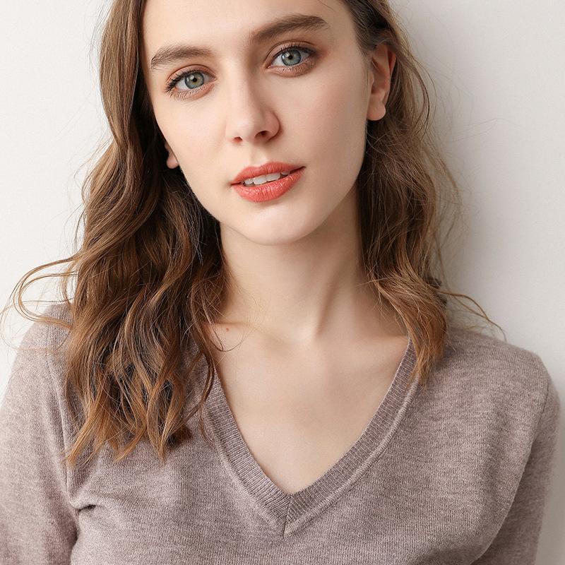 GMXIA Spring Summer Fashion Solid Color V-neck Pullover Knitted Sweater for Women