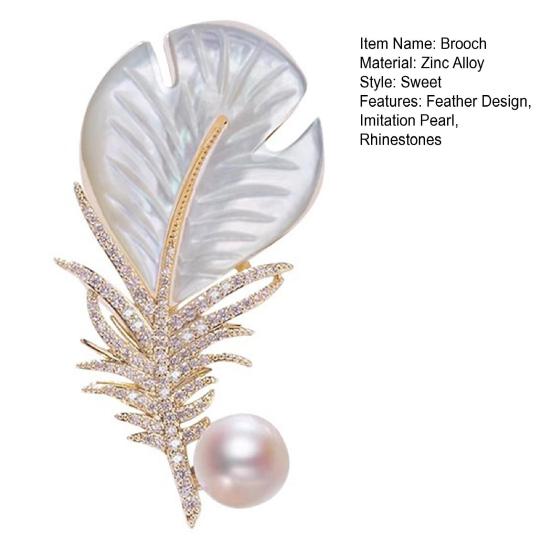 Women Brooch Feather Shape Pin with Rhinestones Faux Pearls Decor Suit Lapel Sweater Dress Coat Badge Weddings Parties Daily Wear