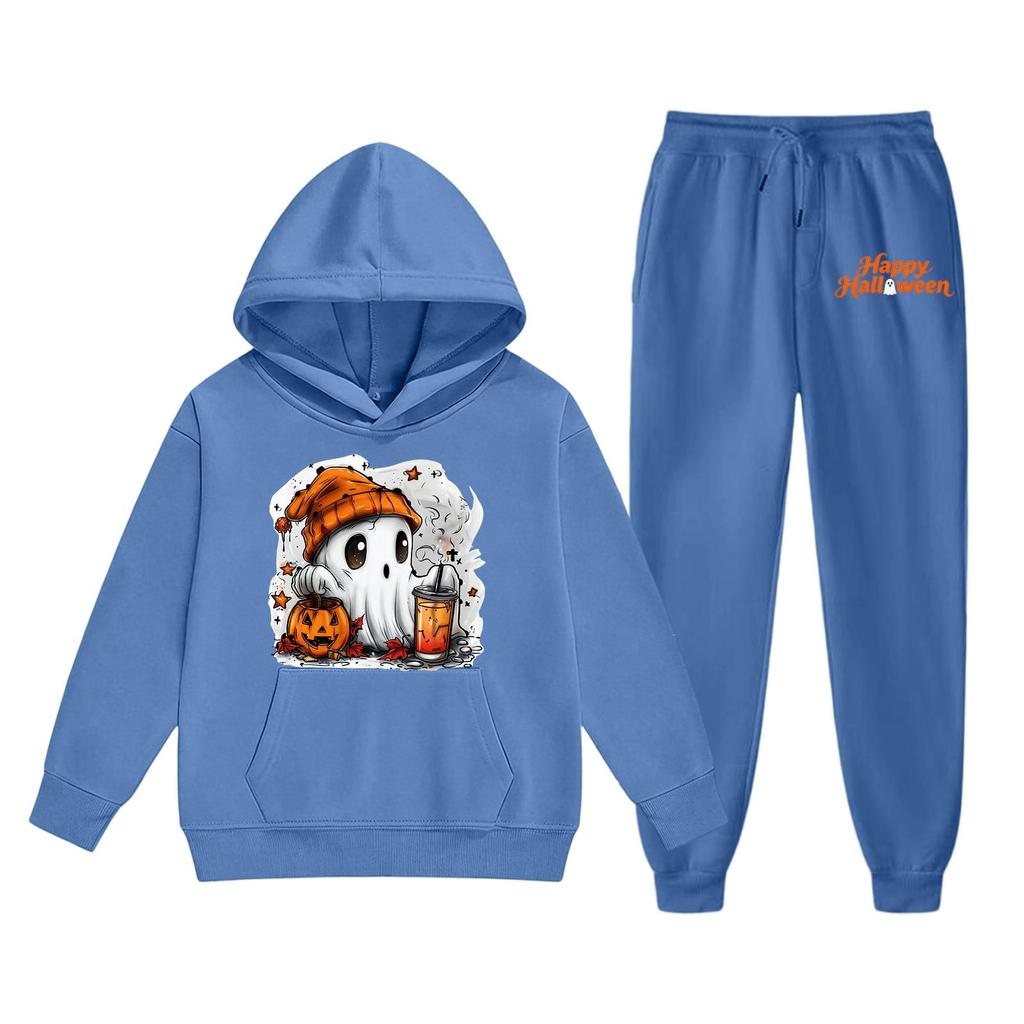 Kids Halloween Hoodie Set Ghost Print Pullover Sweatshirt with Matching Pants Comfortable Fit for Fall and Winter Seasonal Wear