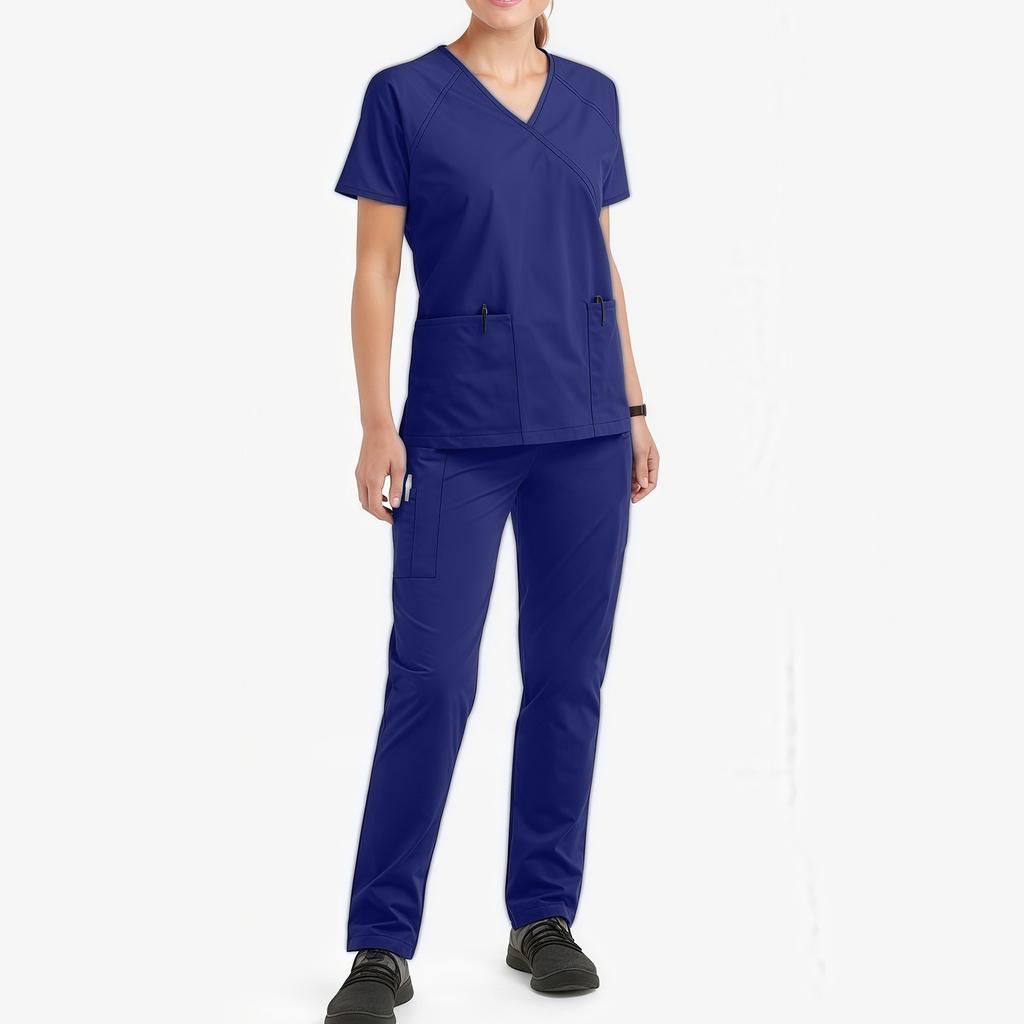 Ladies' Loose And Comfortable V-neck Short Sleeved Stand Up Collar Workwear With Multiple Pockets Suit Set