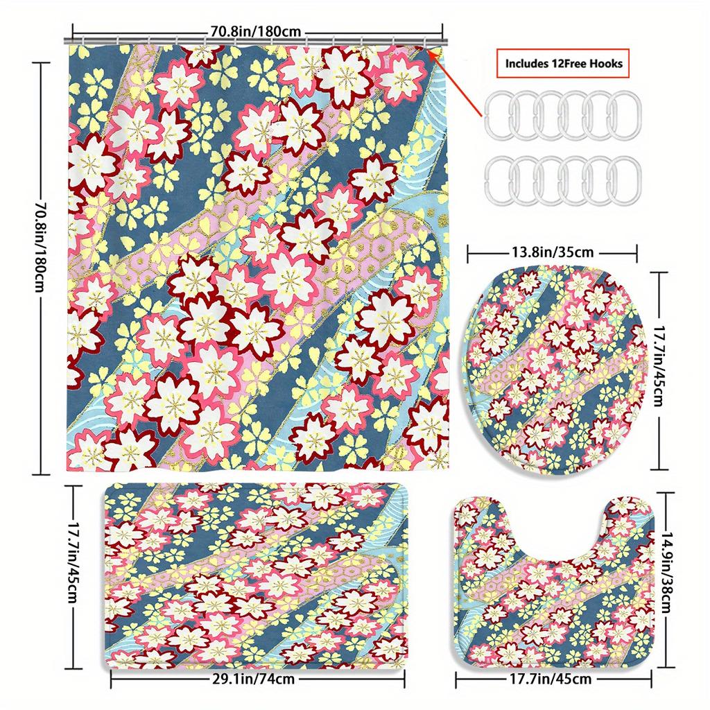 Plum Blossom 4pcs Cartoon Characters Shower Curtain Set - 12 Hook Waterproof Shower Curtain with Non-Slip Rug, Toilet Mat,
