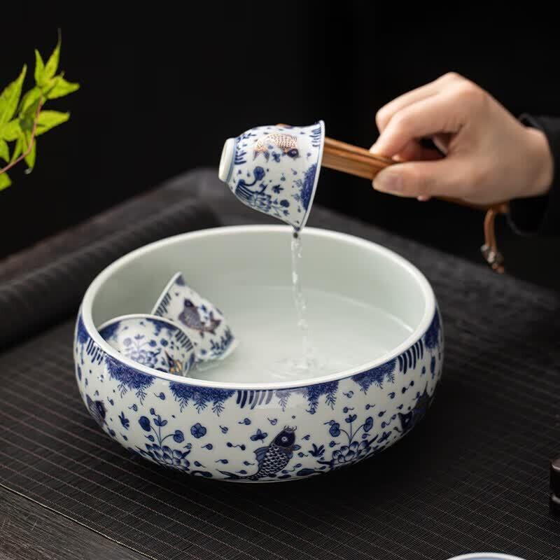 Su Aizhen Master Ceramic Blue & White Gold-Painted Fish Tea Set