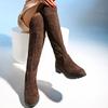 New Women Boots Winter Brown Over The Knee Boots Comfort Lace Up Chunky High Heels Shoes Fashion Warm Suede Round Toe Boots