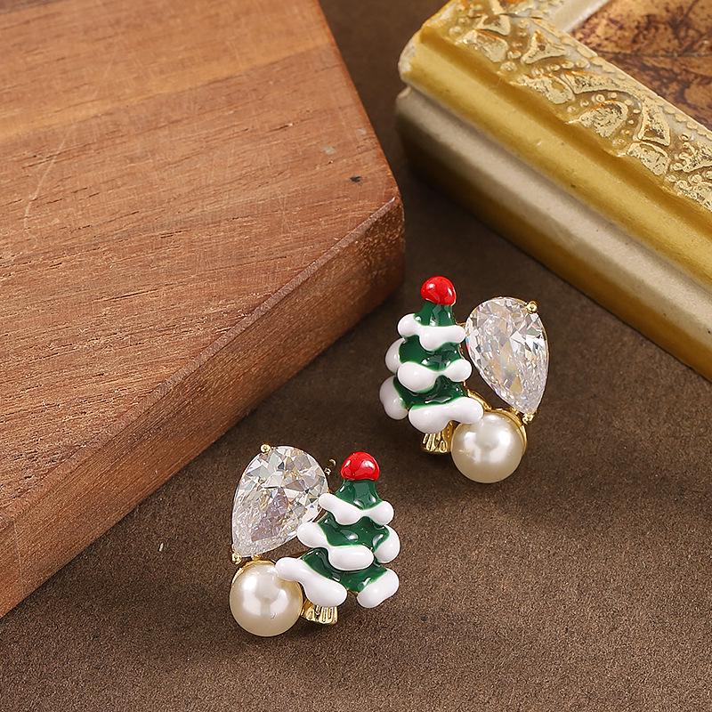 14K Gold-Plated Christmas Tree Drop Earrings with Silver Studs for Women