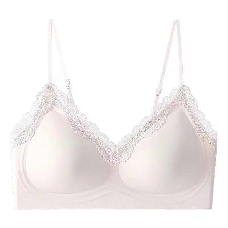 Pink Lace Trim Seamless Wireless Bra with Adjustable Straps