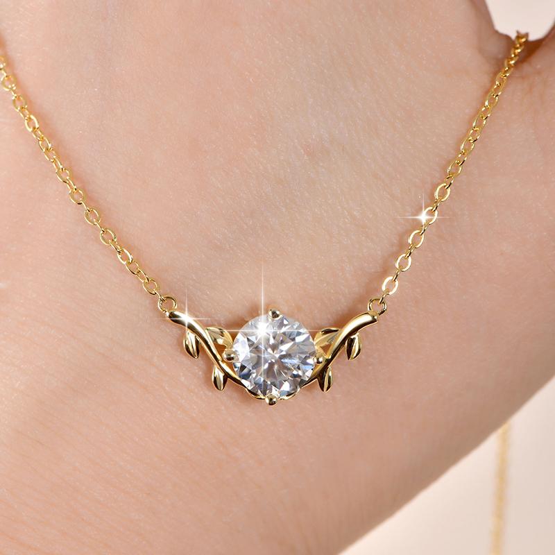 New Elegant Shiny 8mm 2CT Moissanite Necklace Vine Plant V-Neck Collarbone Chain Leaf Pendant Necklace for Women Gift