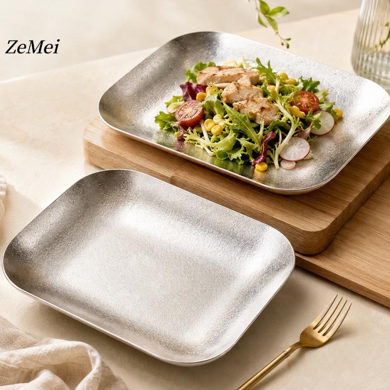 Light Gray Pure Titanium Rectangle Dinner Plate,Heat-Resistant Home Steak Plate Dinner Dishes Grill Tray Tableware,Kitchenware