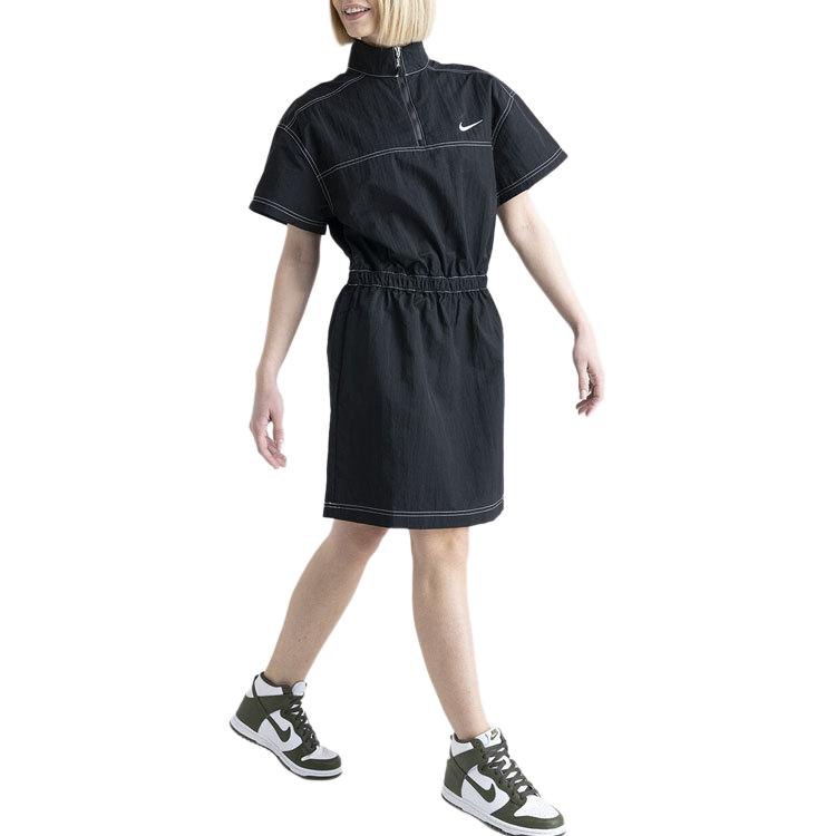 Nike Solid Color Logo Micro Mark Casual Stand Collar Short Sleeve Dress Women Dresses Black DM6197-010