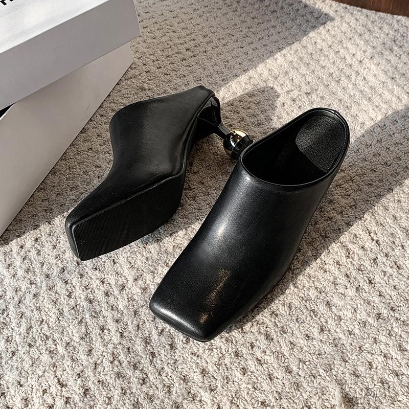 New Heel Square Toe Slip-On Mules Shoes For Women  Genuine Leather Retro Commuter Closed Toe Backless High Wine Glass Heels