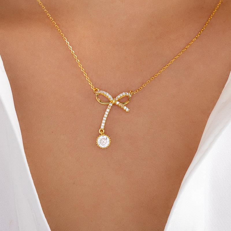 Diamond-encrusted alloy bow necklace, new jewelry women's pendant, niche high-end collarbone chain