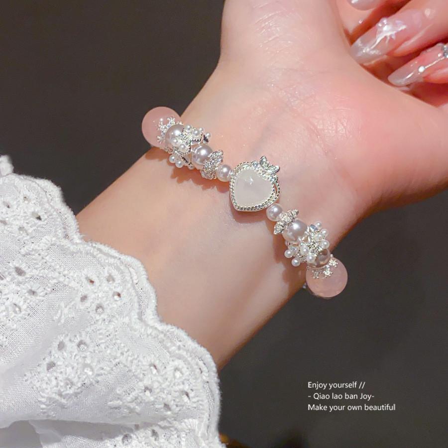 Pearl Crystal Heart Bead Bracelet With Stretchy Design For Women Gift