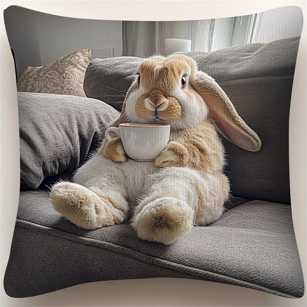 VIKAMA Adorable Bunny Coffee Pillow Cover Home Decor Cushion Cover Living Room Instagram-Style Throw Pillow Case