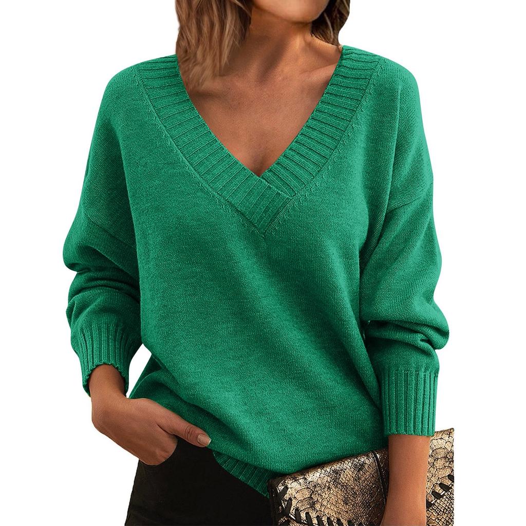 Women's Fashion Casual Solid Color Sweater Set Head V Neck Warm Long-sleeved Sweater