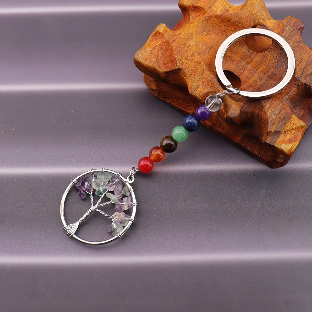 Gold Natural Crystal Colorful Stone Tree Of Life Keychain, Bag Pendant Pendant, Chakra Keychain K62