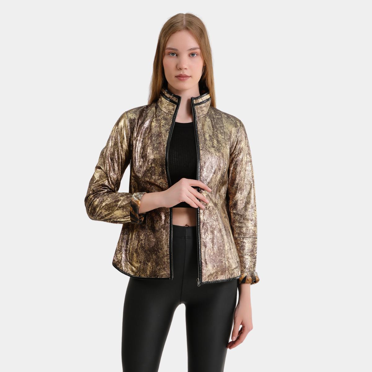 

Натуральная, натуральная кожа, женская байкерская куртка M золотой