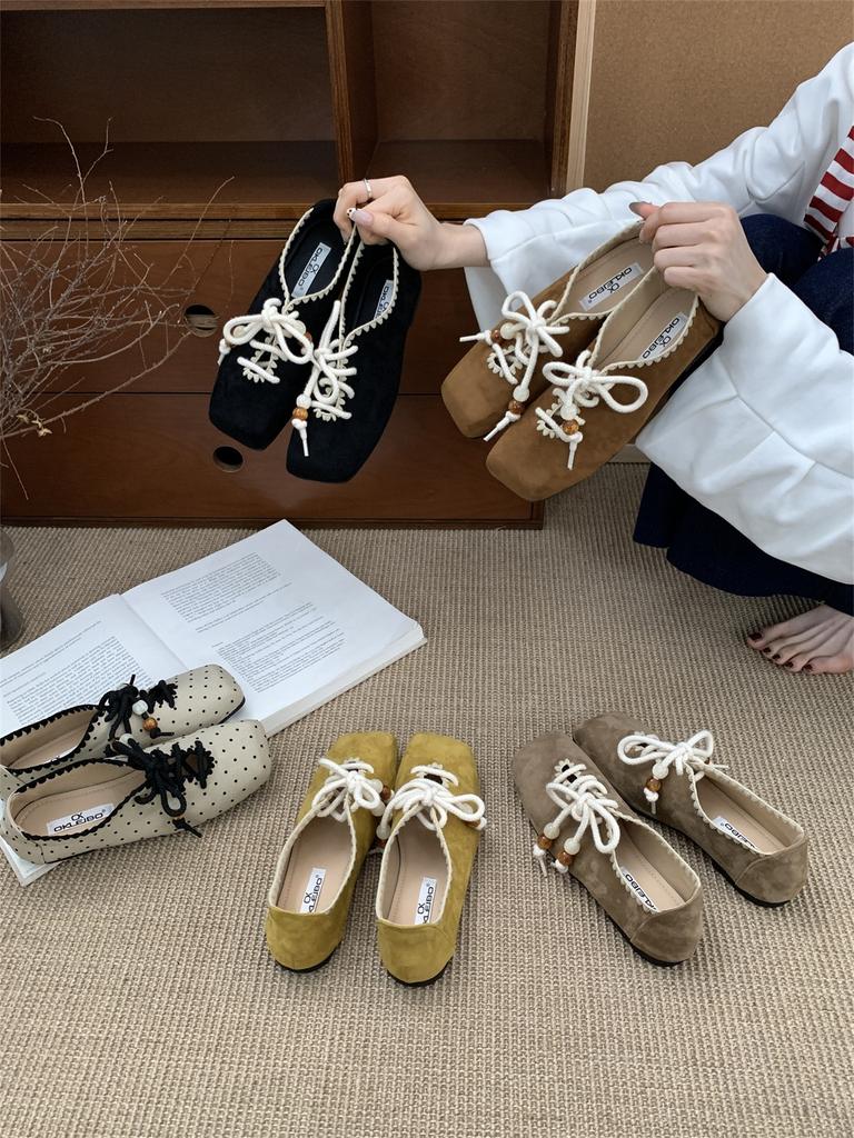 Korean version of retro square head flat-soled single shoes women's shoes 2025 autumn new versatile lace-up Mary Jane casual shoes