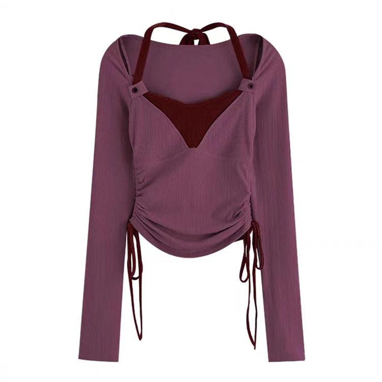 Модный Женский Топ с Вырезом Халтер, Абрикосовый/пурпурно-красный, Имитация Двух Предметов, Стяжка на Талии, Футболка на Шнурке, Короткий Топ для Моды S