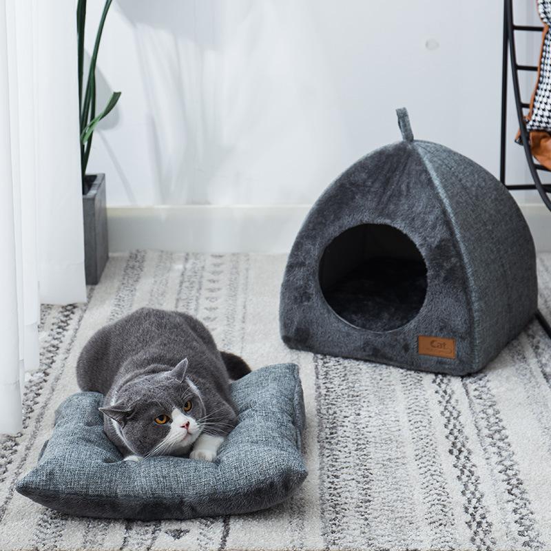 Winter Warm Enclosed Cat House Thickened Triangular Pet Bed Cozy Deep Sleep