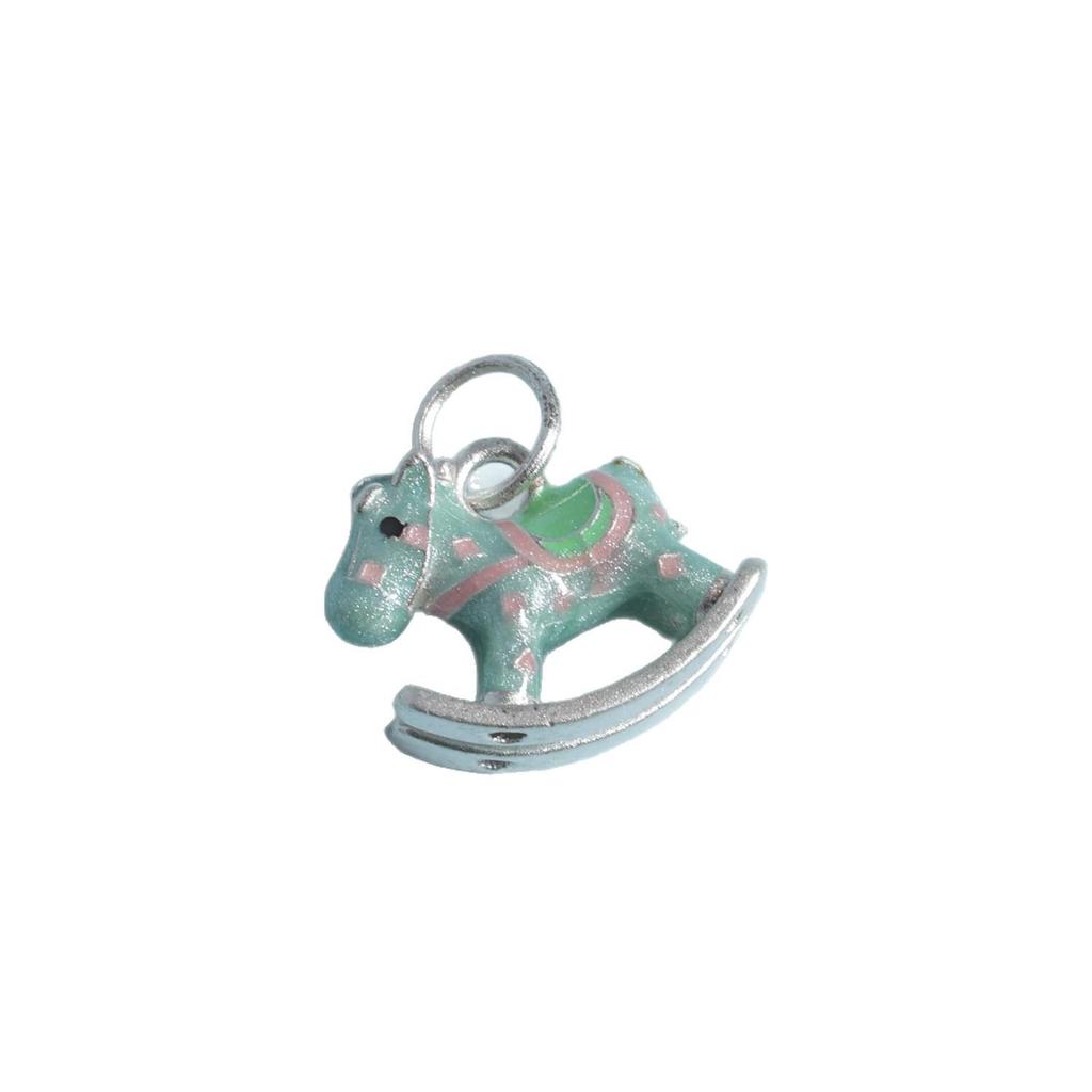 Sterling Silver Enamel Rocking Horse Pendant with Wooden Beads and Handmade Woven Rope Bracelet.