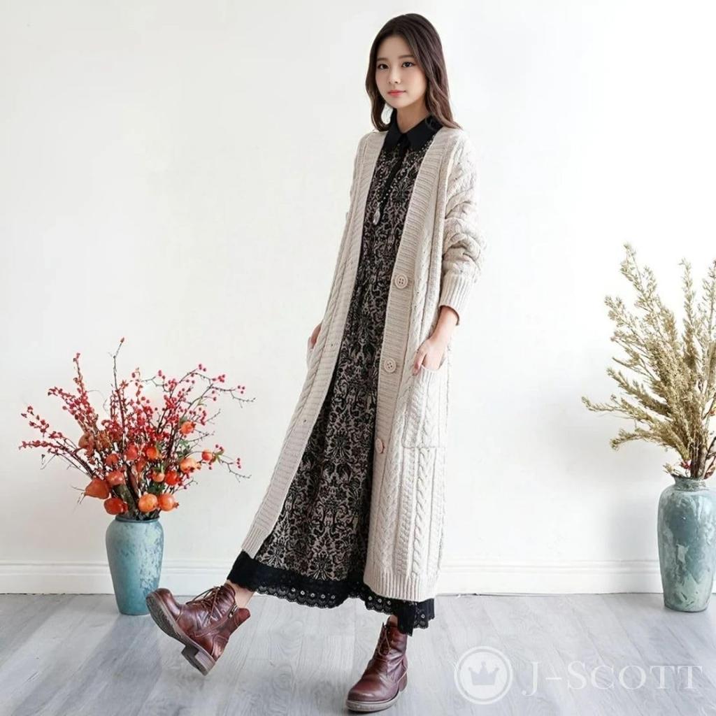 J-Scott Women's Retro-Style Long Dress, Botanical Print, A-Line, High Waist, Lace Hem, Black, JS41-BK-L