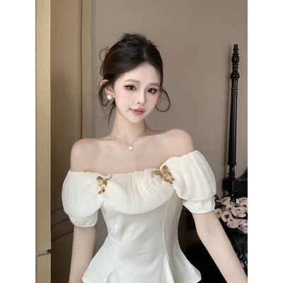 Pure Sexy Hot Girl One-shoulder Bow Short-sleeved Shirt Summer Internet Celebrity Slim Short Shirt French Temperament Top