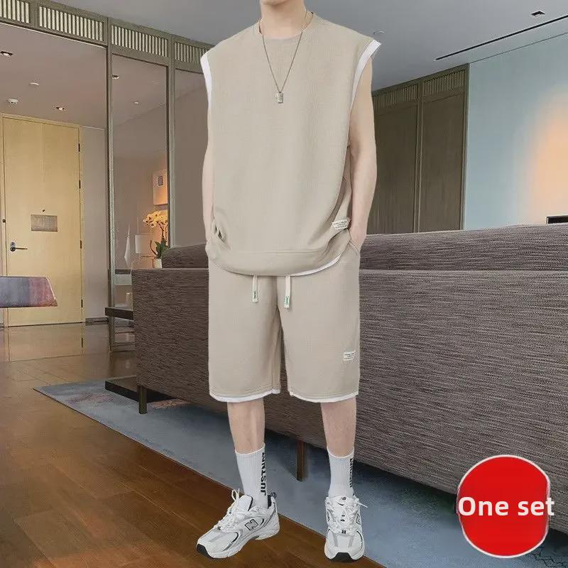 

Мужской модный повседневный комплект из двух предметов вафельной ткани — жилет с короткими рукавами и шорты XXL