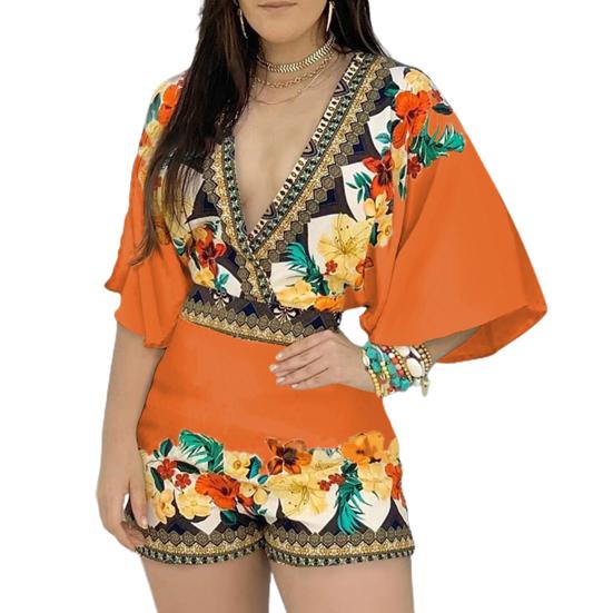 Deep V-Neck Lantern Half Sleeve Mid-Rise Women Jumpsuit Flower Printing Retro Trim Short Pants Romper Female Clothing