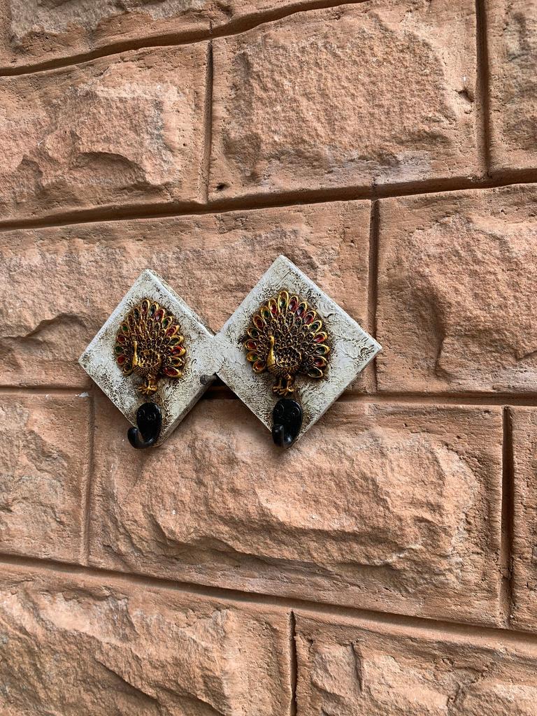Hand Painted Wooden Peacock Wall Hooks: Black & White Decor