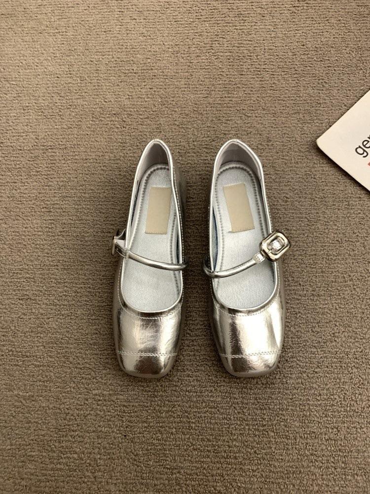 Versatile one-word strap single shoes silver women's shoes retro Mary Jane shoes flats small leather shoes