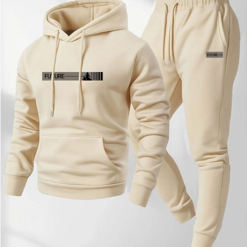 Conjunto deportivo de 2 piezas para hombre: Sudadera con capucha y cremallera Pantalones de chándal Forro polar cálido Ajuste holgado Casual para correr