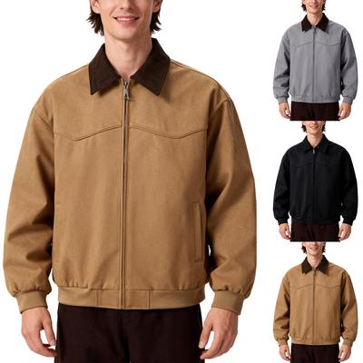 Men's Retro Canvas Cargo  Jacket, Corduroy Lapel, Metal Zipper, Side Pockets