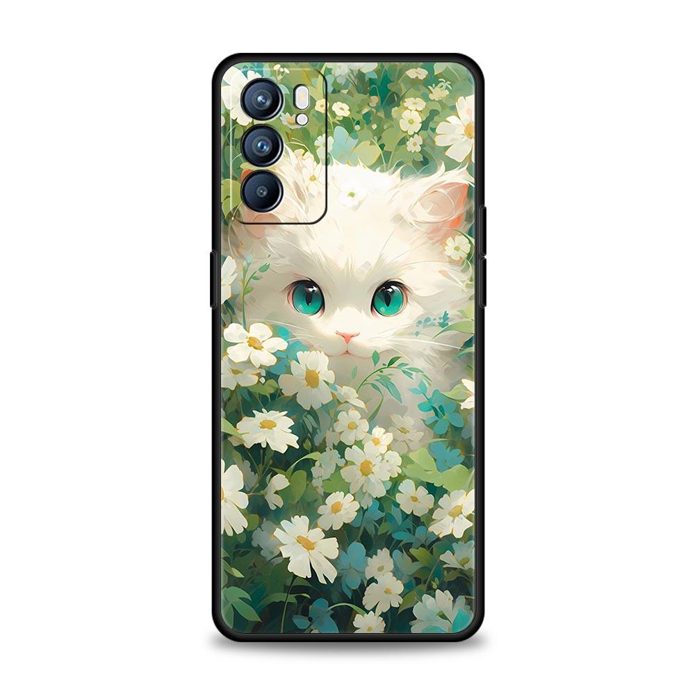 Case For Oppo A54 A53 A52 A9 A15 A95 A17 A16 A76 A74 Find X6 X5 Reno8 Reno7 Reno6 Pro 5G Cover Cartoon Lovely Cat Art Fashion