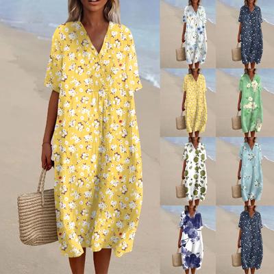 Vestido Feminino Solto Casual Moda Decote V Estampado Saia de Praia