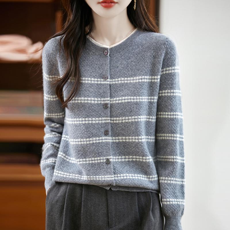 Women's Color Block Pure Wool Knit Cardigan - Round Neck, Loose Fit, Warm Striped Sweater for Autumn and Winter