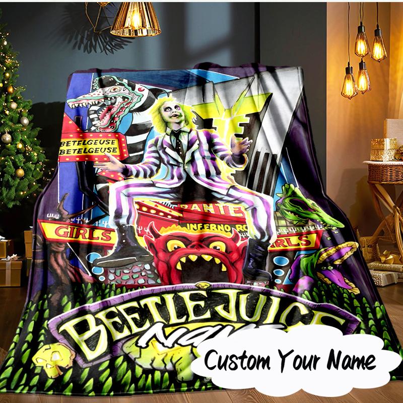 Custom Name Beetle-juice Movie Art Blanket  Ideal Bedding Blanket Perfect for Travel, Camping, Living Rooms, Offices, Sofas, Fan Christmas gift
