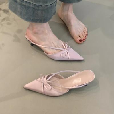 Französisches Temperament Schleife Tasche Kopf Hausschuhe 2025 Frühling süß sanft elegant Satin spitz Stiletto hohe Absätze