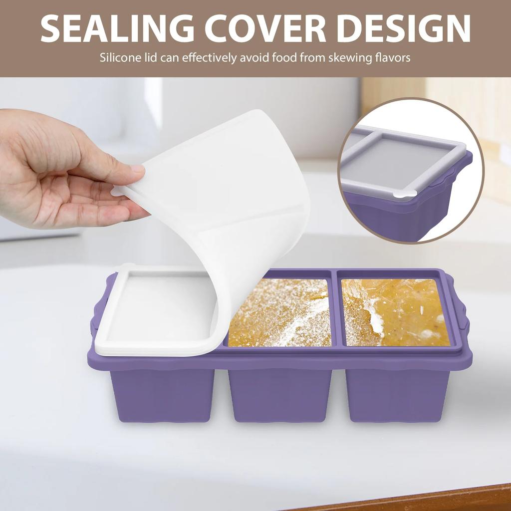 2Pcs 3 Grid Silicone Freezer Tray Food Freezer Container with Lid Soup Reusable Sauce Cube Mold Kitchen Accessories 1 Cup/250 ml