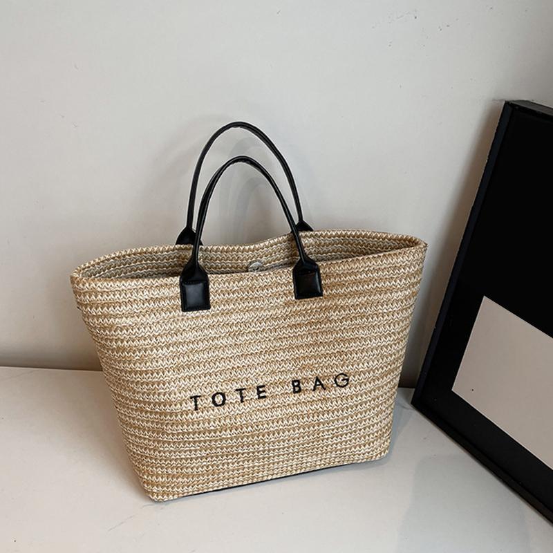 Women Straw Tote Handbag Large Capacity Crochet Beach Shoulder Bag Solid Color Weaving Travel Ladies Summer Daily Bag CLE