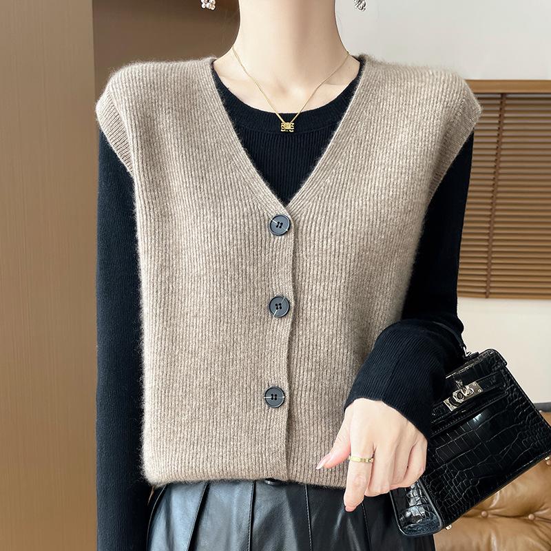 100% Pure Wool V-neck Solid Color Sleeveless Cardigan Vest - Spring & Autumn Collection